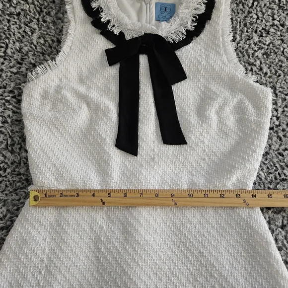 CeCe White Mini Dress Sz 6 M Tweed Sleeveless Black Bow Neck Tie Graduation - Picture 10 of 13